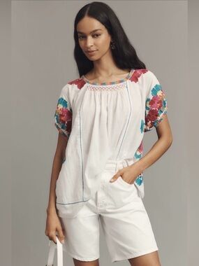 ANTHROPOLOGIE Short-Sleeve Embroidered Tunic Top in Raspberry Berry
